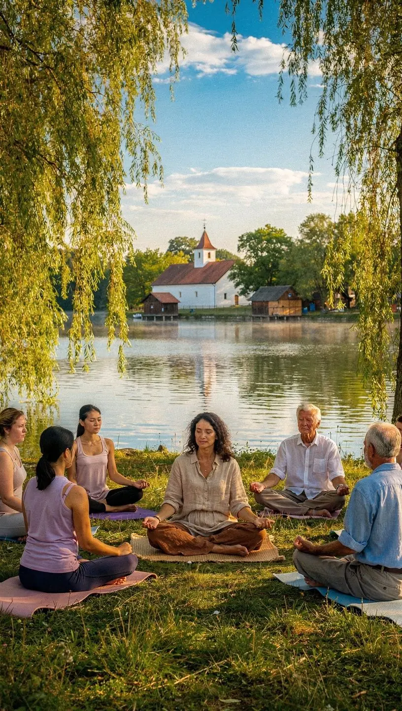 Csoportos meditációs foglalkozás, ahol a résztvevők nyugodtan ülnek, és figyelik a belső érzéseiket.