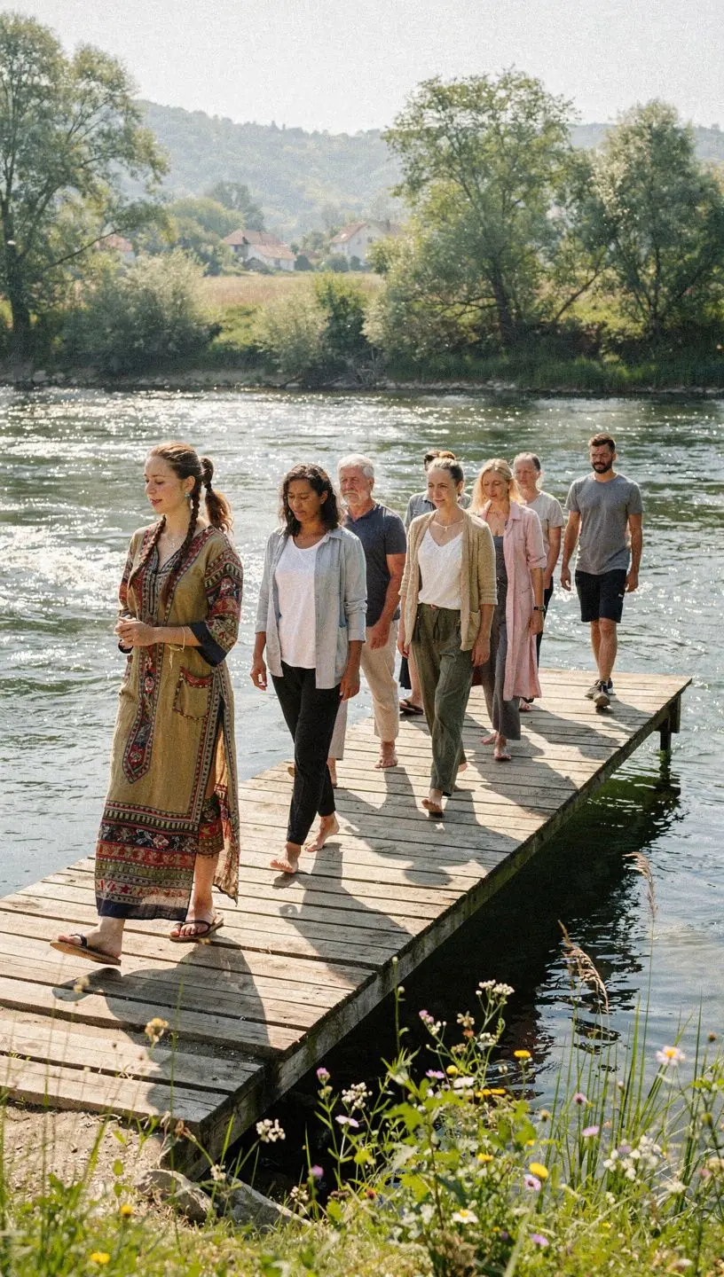 Csoportos meditációs foglalkozás, ahol a résztvevők nyugodtan ülnek, és figyelik a belső érzéseiket.