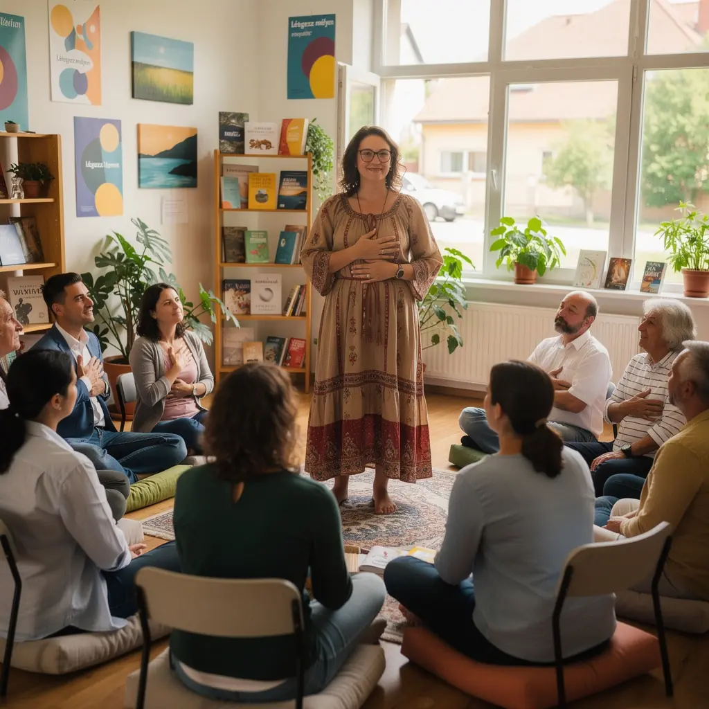 Csoportos meditációs foglalkozás, ahol a résztvevők nyugodtan ülnek, és figyelik a belső érzéseiket.