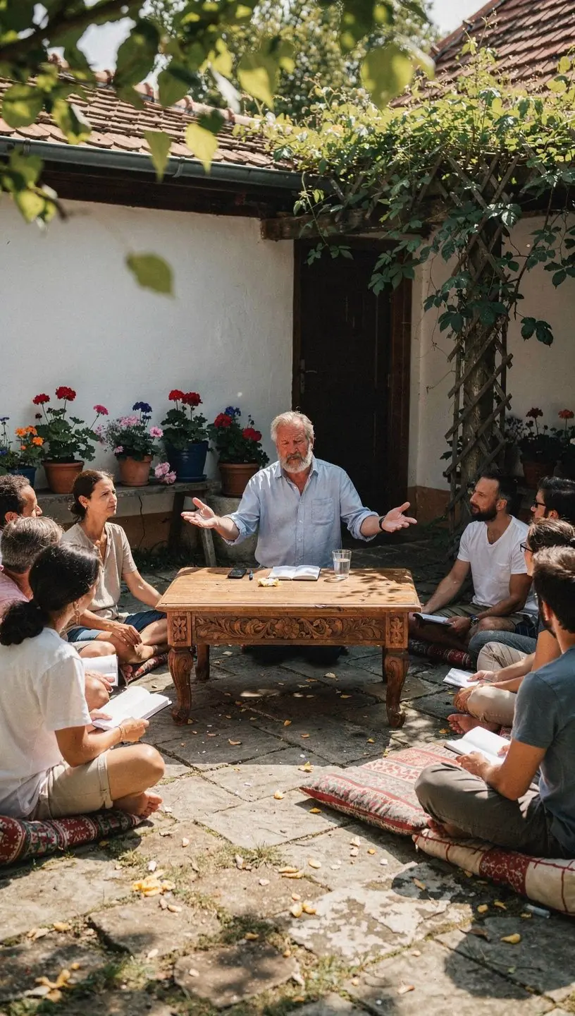 Csoportos meditációs foglalkozás, ahol a résztvevők nyugodtan ülnek, és figyelik a belső érzéseiket.