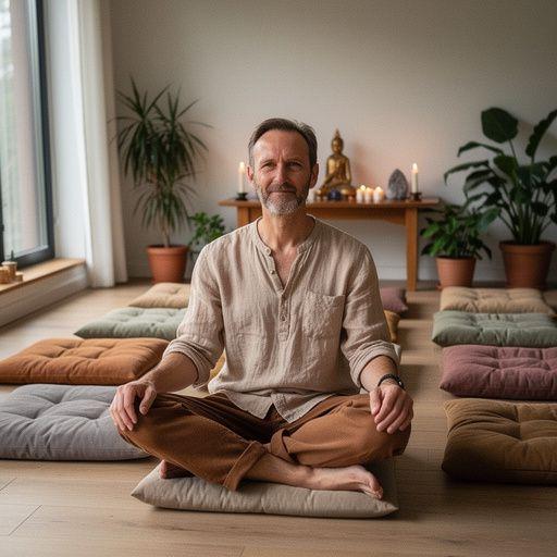 Egy nyugodt szoba, ahol meditációs párnák és gyertyák találhatóak.